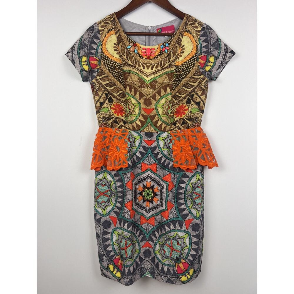 Hemant & Nandita Embroidered SZ 2 Peplum Dress Boho Artsy Multicolor - Picture 2 of 13